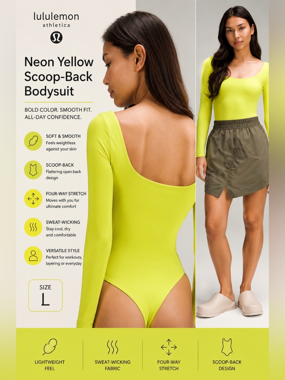 Lululemon Neon Yellow Long Sleeve Scoop-Back Bodysuit Size L